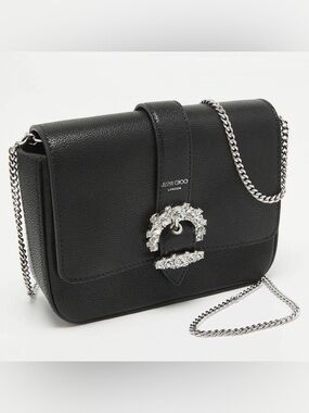 Jimmy Choo Cheri Crystal Buckle Crossbody Bag Black Leather Chain